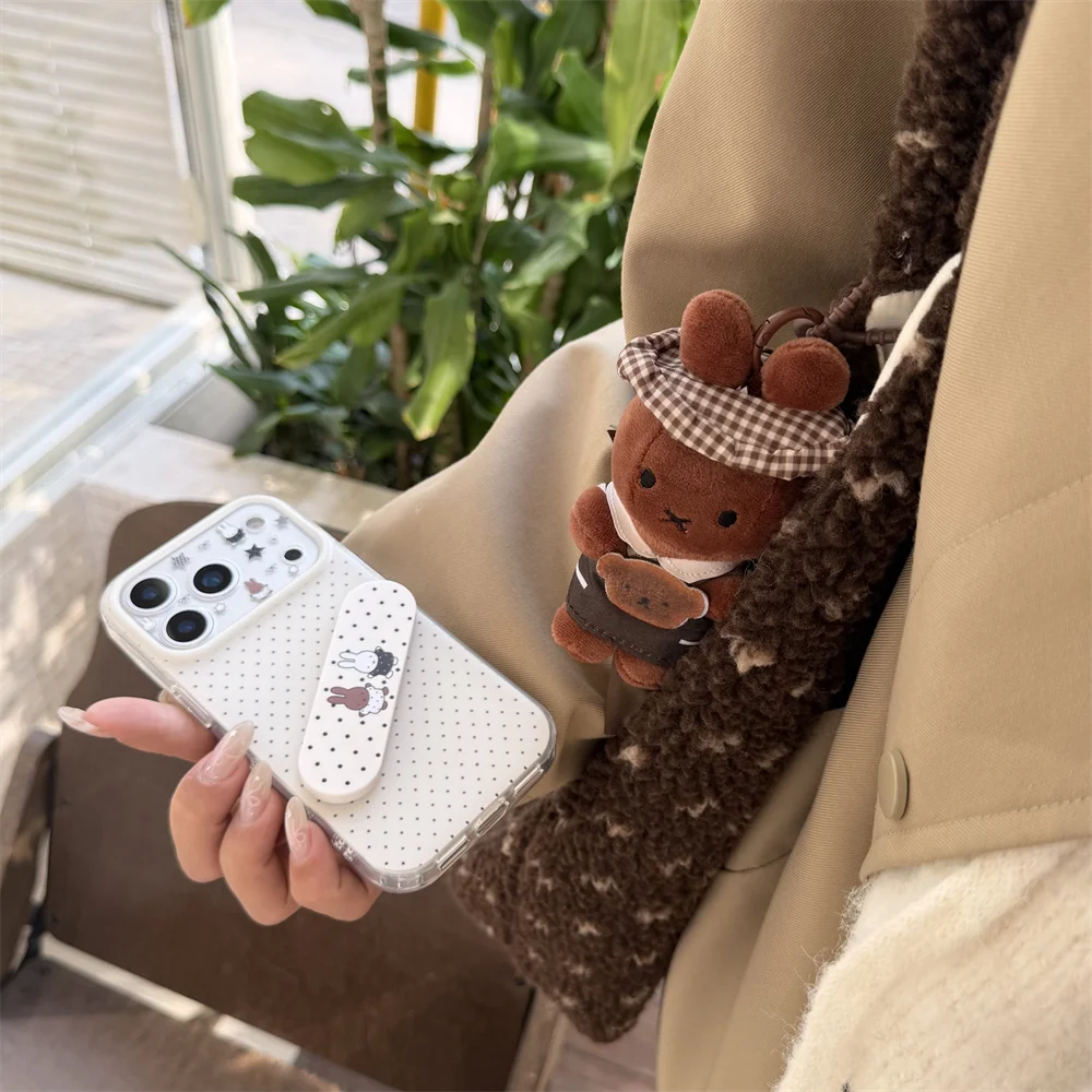 New Cute Korean Checkered Rabbit Leather Case for iPhone 17 Promax 14, 15, 16 Pro Max Luxury Protective Cover