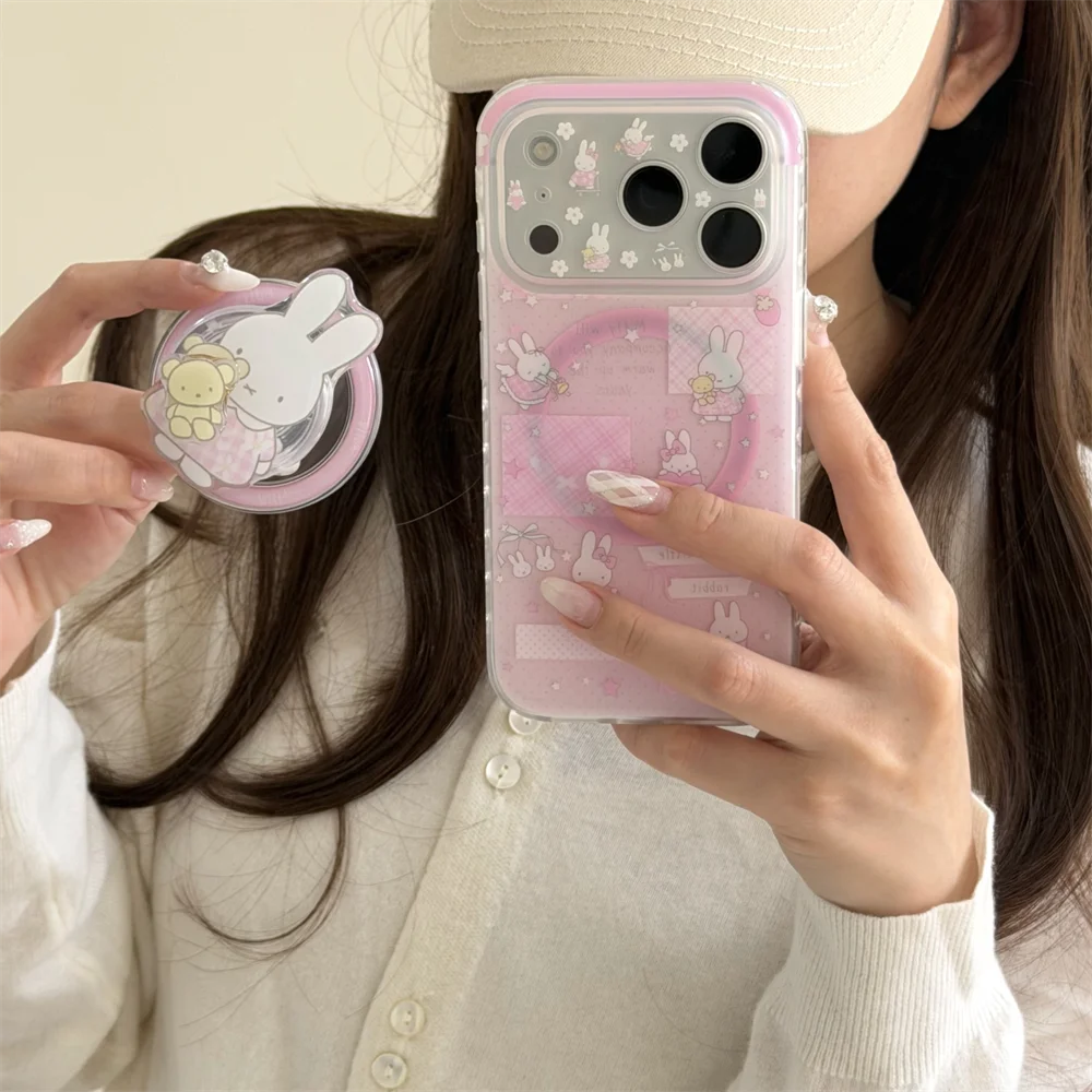 Kawaii Miffy Rabbit Magnetic Phone Case for iPhone 16 Pro 17 15 14 13 17 Pro Max Cover With Magsafe Rotate Stand Shockproof Case