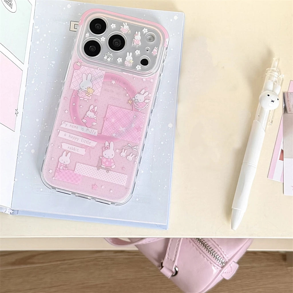 Kawaii Miffy Rabbit Magnetic Phone Case for iPhone 16 Pro 17 15 14 13 17 Pro Max Cover With Magsafe Rotate Stand Shockproof Case