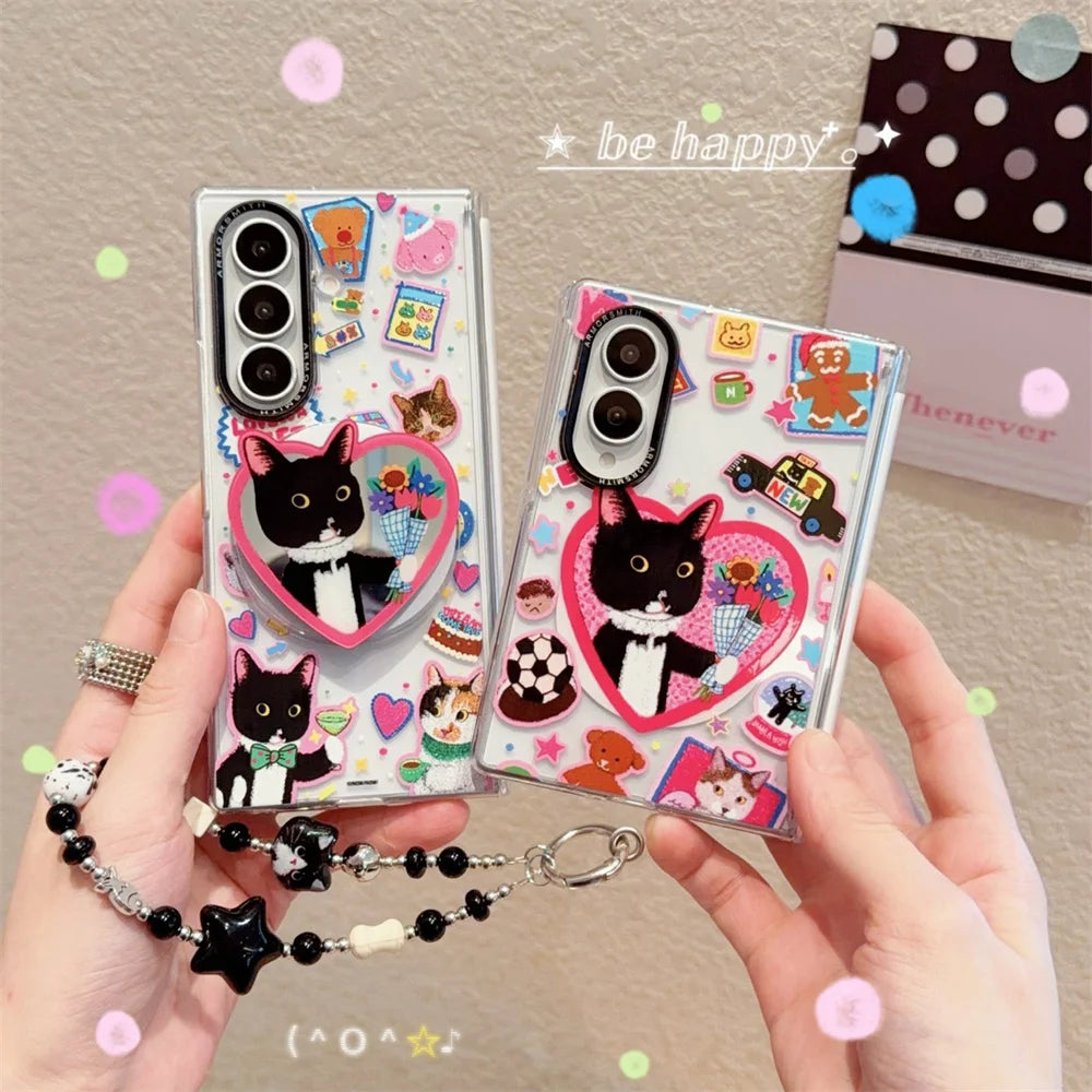 Funny Cartoon Black Cat Magnetic Phone Case for Samsung Galaxy Z Fold 8 7 Fold 7 8 Fold 8 Ultra Cover With Magsafe Stand Chain