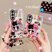 Funny Cartoon Black Cat Magnetic Phone Case for Samsung Galaxy Z Fold 8 7 Fold 7 8 Fold 8 Ultra Cover With Magsafe Stand Chain