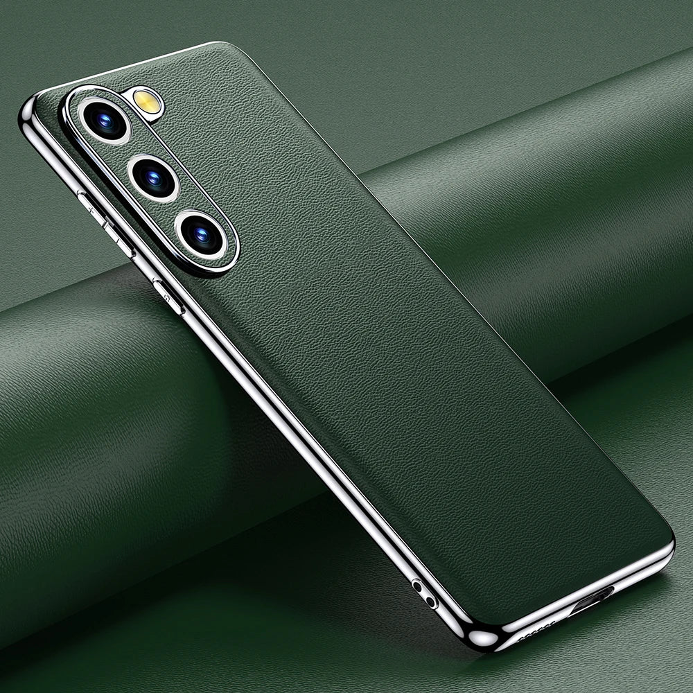 Genuine Cowhide Leather Phone Case for Samsung Galaxy S25 S24 S23 Ultra S22 Plus S21 Note 20 Plating Shockproof Protector Cover