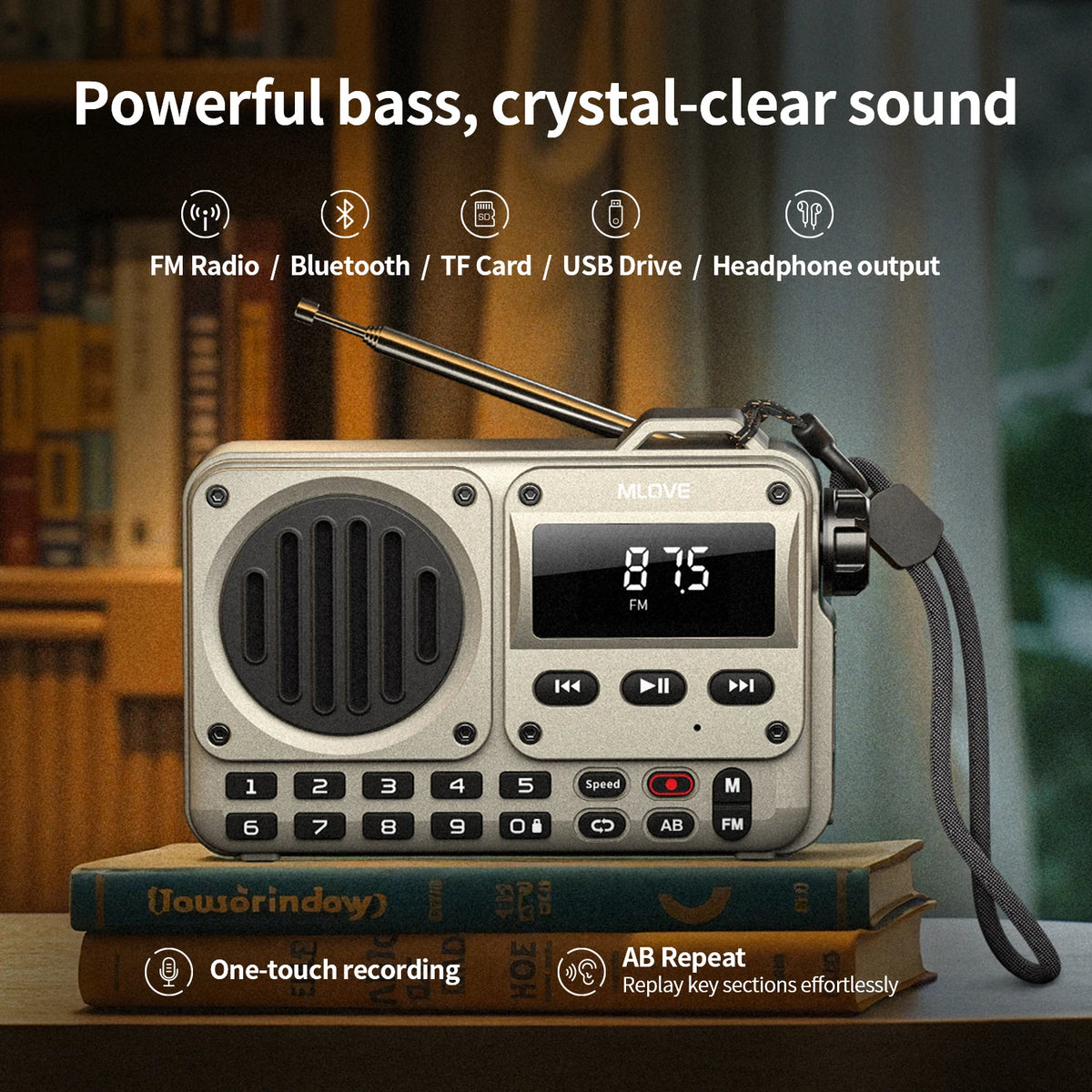 MLOVE BV800P Portable Bluetooth Speaker with FM Radio And MP3 Player Features USB TF Card AUX Antenna All-in-One Audio