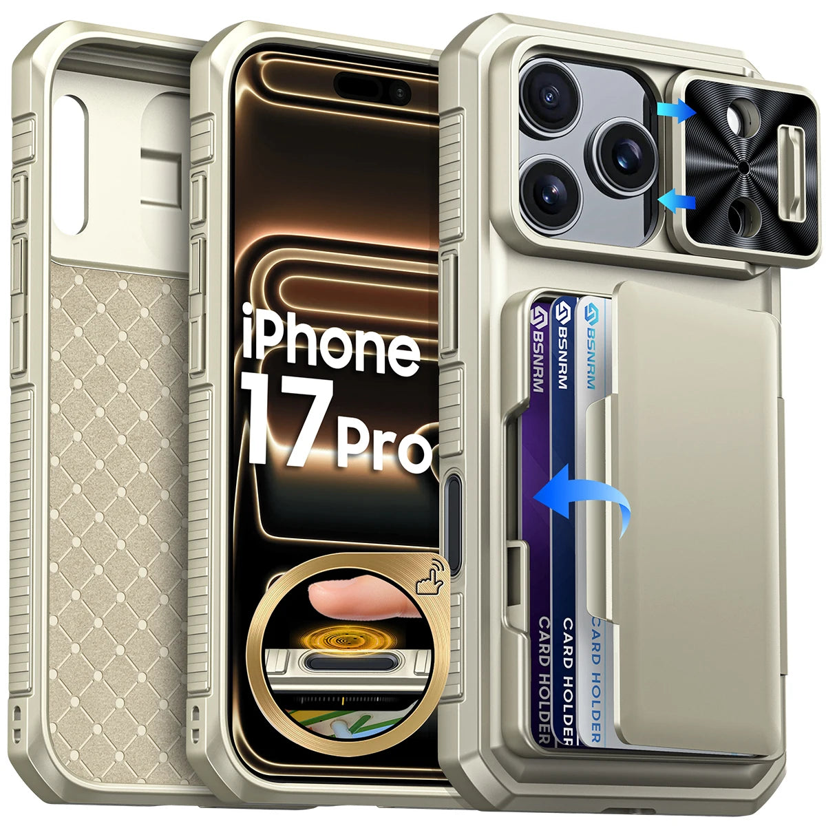 Halloween Gifts With Card Holder Sliding Camera Cover And Stand For iPhone 17 Pro Case,Anti-Fall PC+TPU Wallet Case-Black