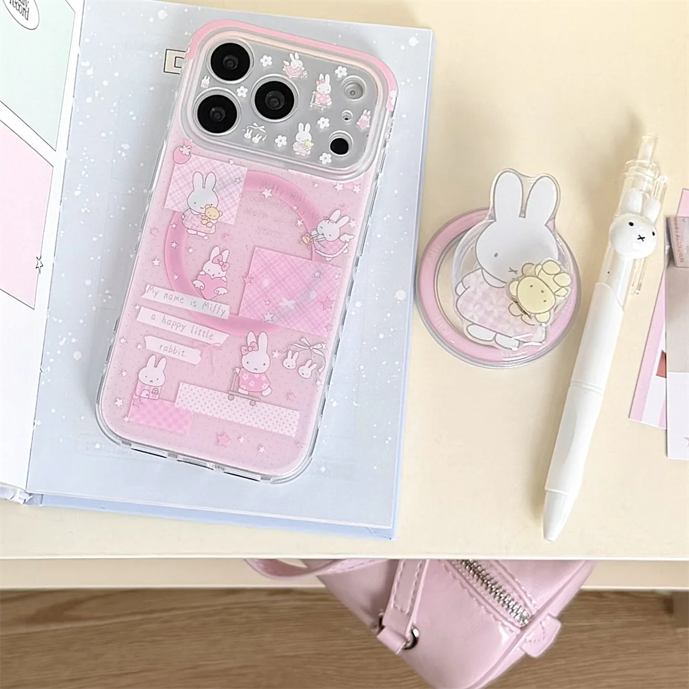 Kawaii Miffy Rabbit Magnetic Phone Case for iPhone 16 Pro 17 15 14 13 17 Pro Max Cover With Magsafe Rotate Stand Shockproof Case