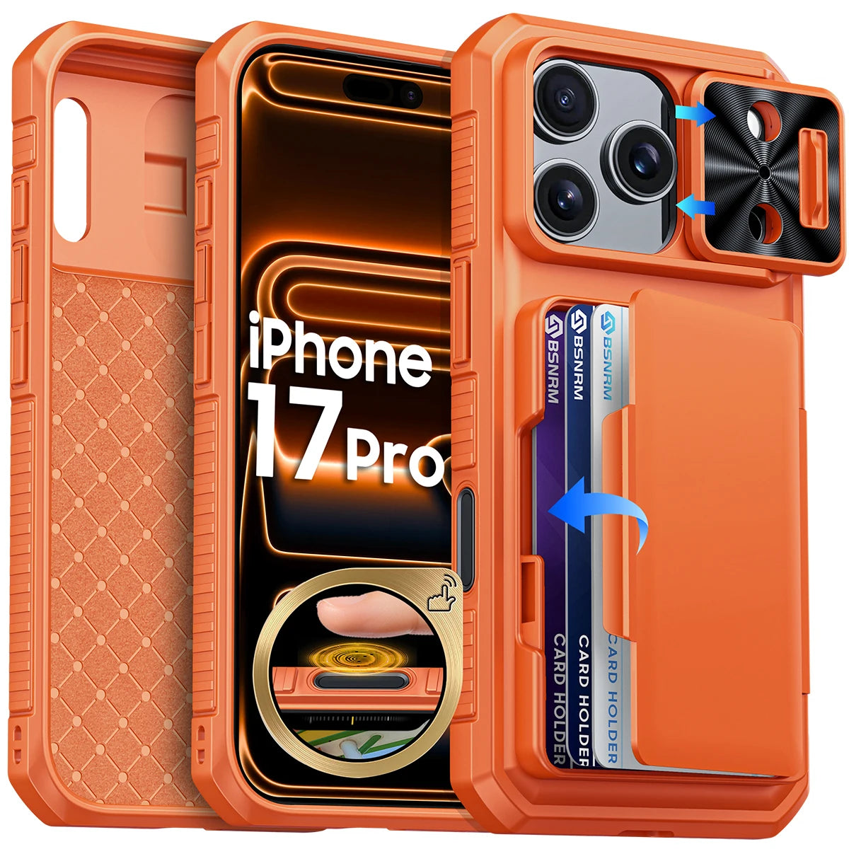 Halloween Gifts With Card Holder Sliding Camera Cover And Stand For iPhone 17 Pro Case,Anti-Fall PC+TPU Wallet Case-Black