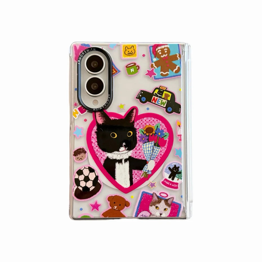 Funny Cartoon Black Cat Magnetic Phone Case for Samsung Galaxy Z Fold 8 7 Fold 7 8 Fold 8 Ultra Cover With Magsafe Stand Chain