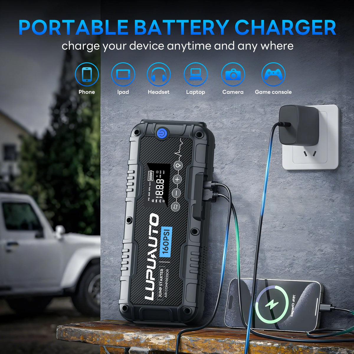 7000A Car Jump Starter Power Bank with Air Compressor 160 PSI 12V Car Starting Device 24000Mah Battery Jump Start for Car Booste