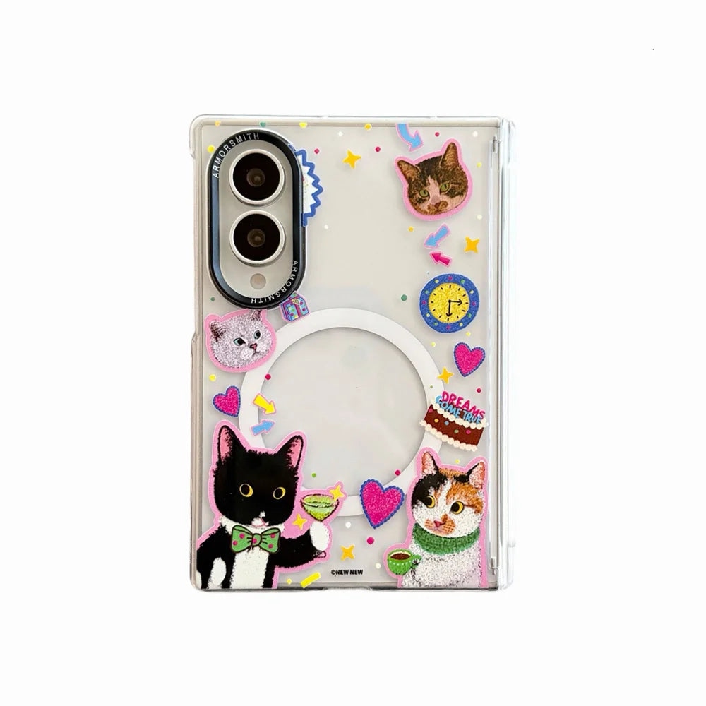 Funny Cartoon Black Cat Magnetic Phone Case for Samsung Galaxy Z Fold 8 7 Fold 7 8 Fold 8 Ultra Cover With Magsafe Stand Chain