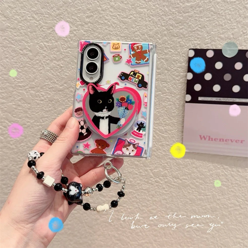 Funny Cartoon Black Cat Magnetic Phone Case for Samsung Galaxy Z Fold 8 7 Fold 7 8 Fold 8 Ultra Cover With Magsafe Stand Chain