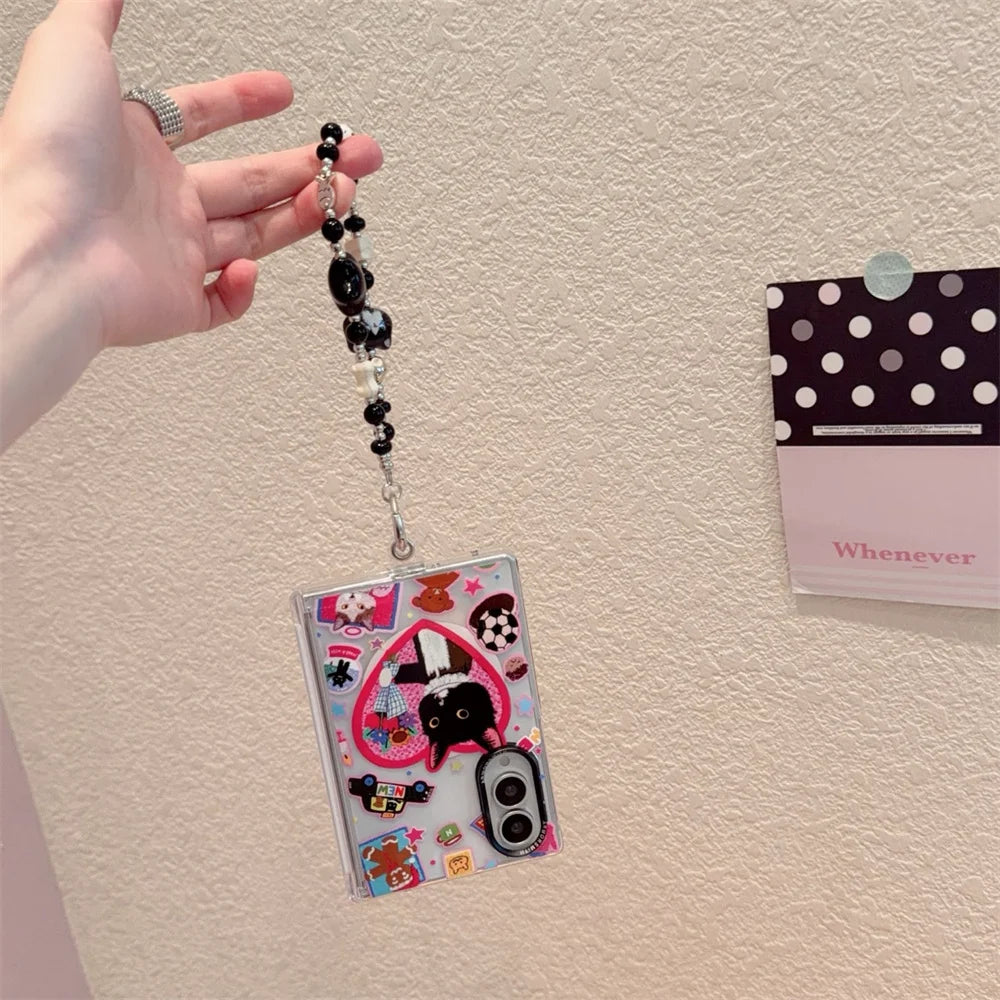 Funny Cartoon Black Cat Magnetic Phone Case for Samsung Galaxy Z Fold 8 7 Fold 7 8 Fold 8 Ultra Cover With Magsafe Stand Chain