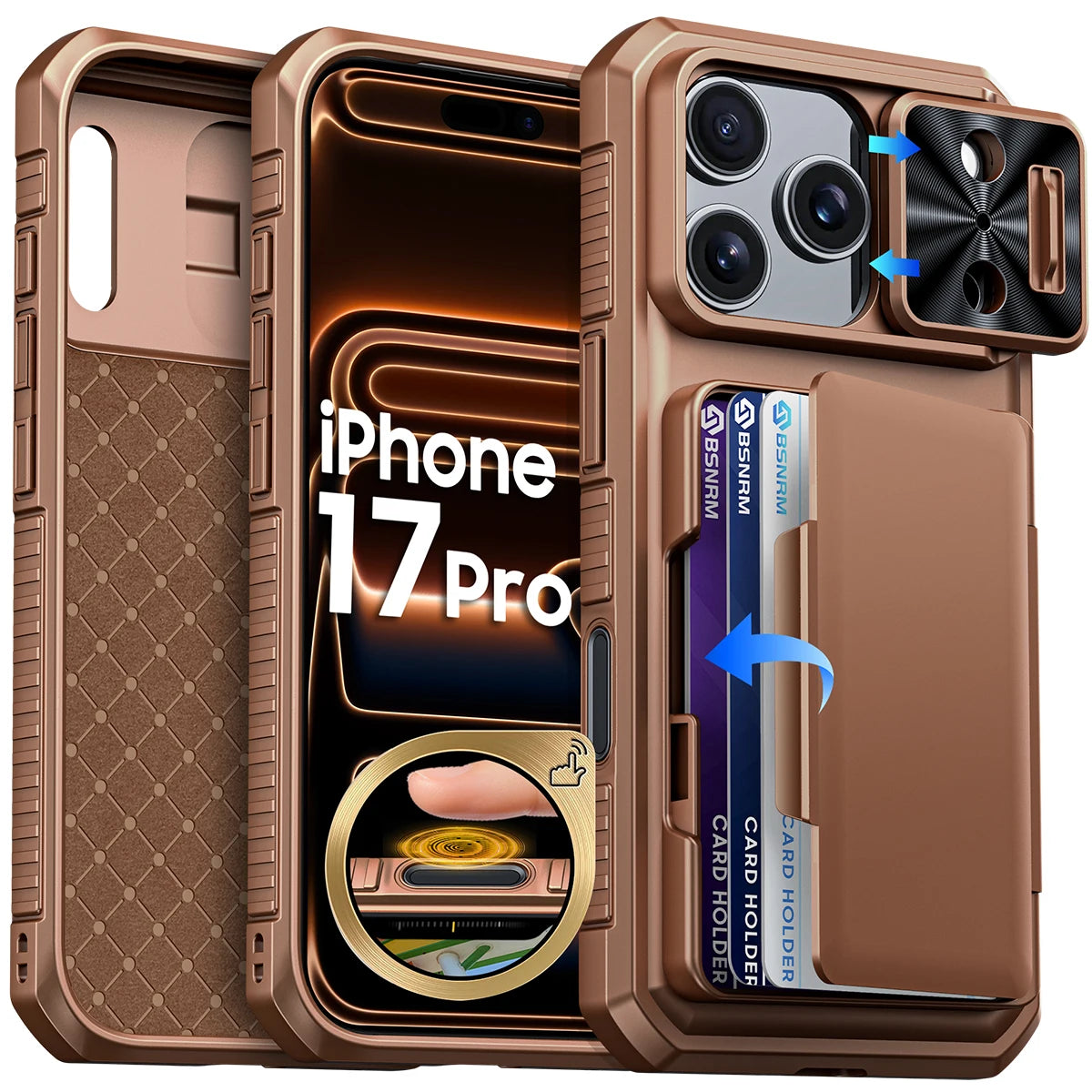 Halloween Gifts With Card Holder Sliding Camera Cover And Stand For iPhone 17 Pro Case,Anti-Fall PC+TPU Wallet Case-Black