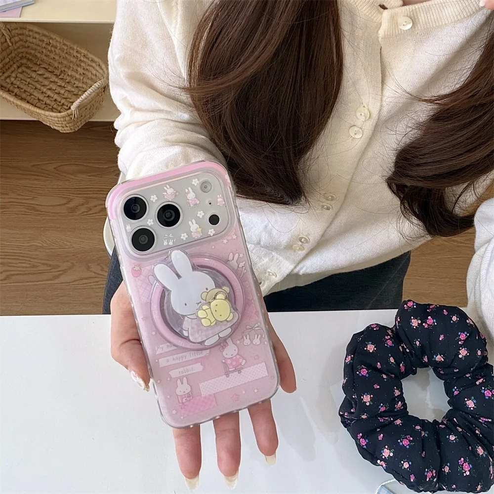 Kawaii Miffy Rabbit Magnetic Phone Case for iPhone 16 Pro 17 15 14 13 17 Pro Max Cover With Magsafe Rotate Stand Shockproof Case