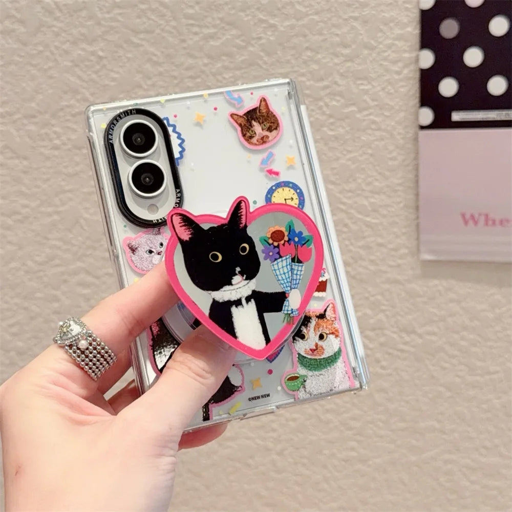 Funny Cartoon Black Cat Magnetic Phone Case for Samsung Galaxy Z Fold 8 7 Fold 7 8 Fold 8 Ultra Cover With Magsafe Stand Chain