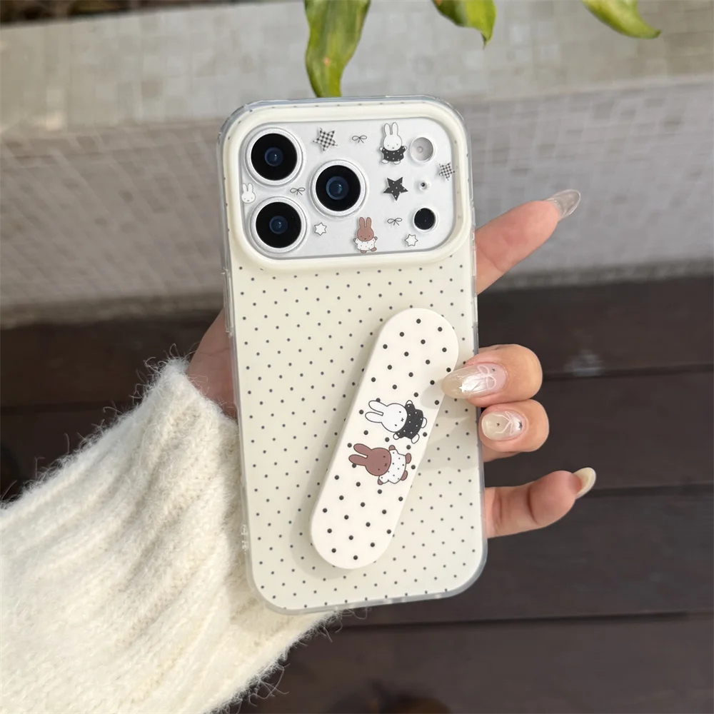 New Cute Korean Checkered Rabbit Leather Case for iPhone 17 Promax 14, 15, 16 Pro Max Luxury Protective Cover