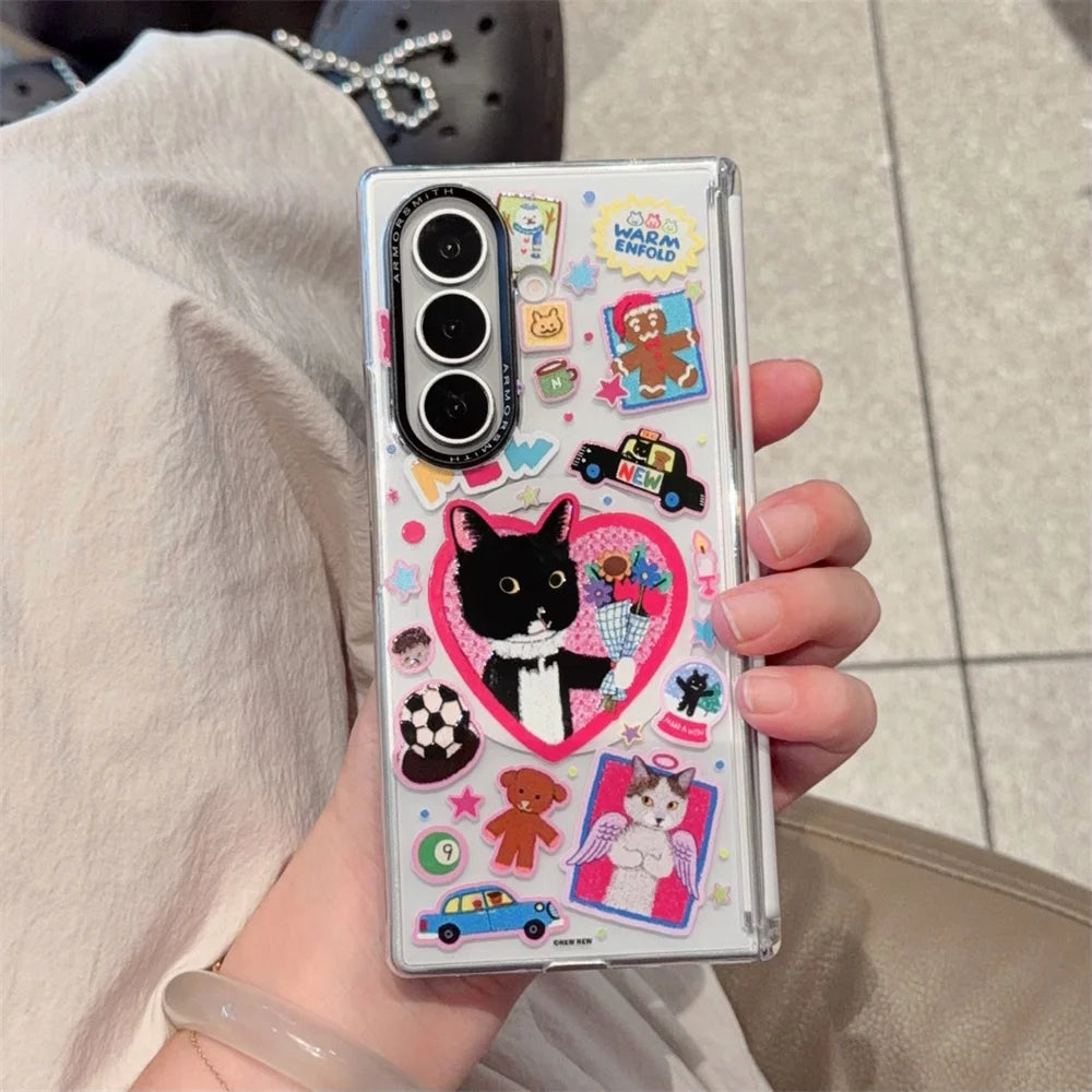 Funny Cartoon Black Cat Magnetic Phone Case for Samsung Galaxy Z Fold 8 7 Fold 7 8 Fold 8 Ultra Cover With Magsafe Stand Chain