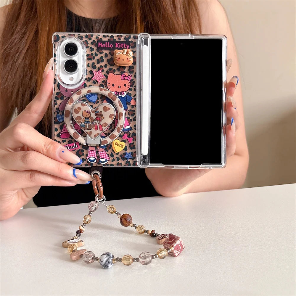 Fashion Leopard Hellokitty Magnetic Phone case for Samsung Galaxy Z Fold8Ultra 7 6 5 Fold 6 Fold7 Funda With Magsafe Stand Chain