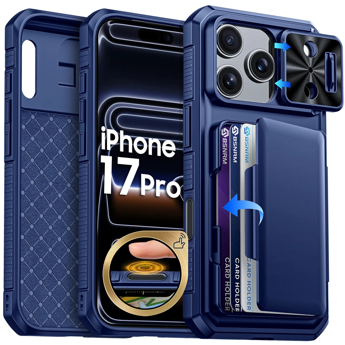 Halloween Gifts With Card Holder Sliding Camera Cover And Stand For iPhone 17 Pro Case,Anti-Fall PC+TPU Wallet Case-Black