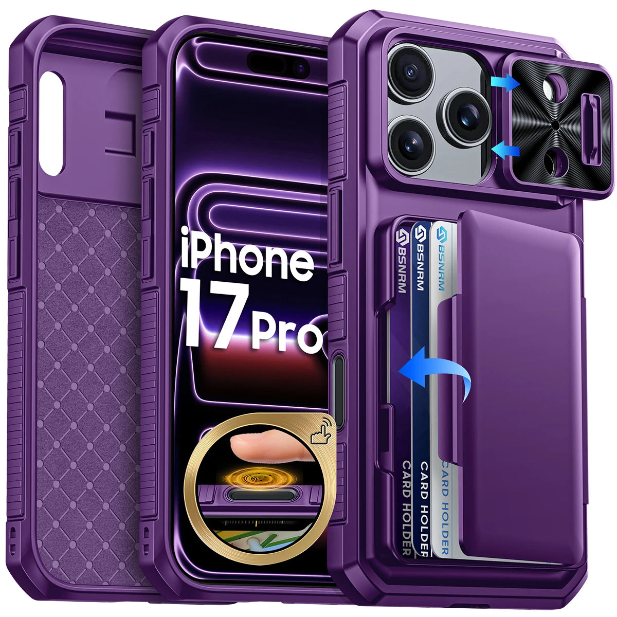 Halloween Gifts With Card Holder Sliding Camera Cover And Stand For iPhone 17 Pro Case,Anti-Fall PC+TPU Wallet Case-Black