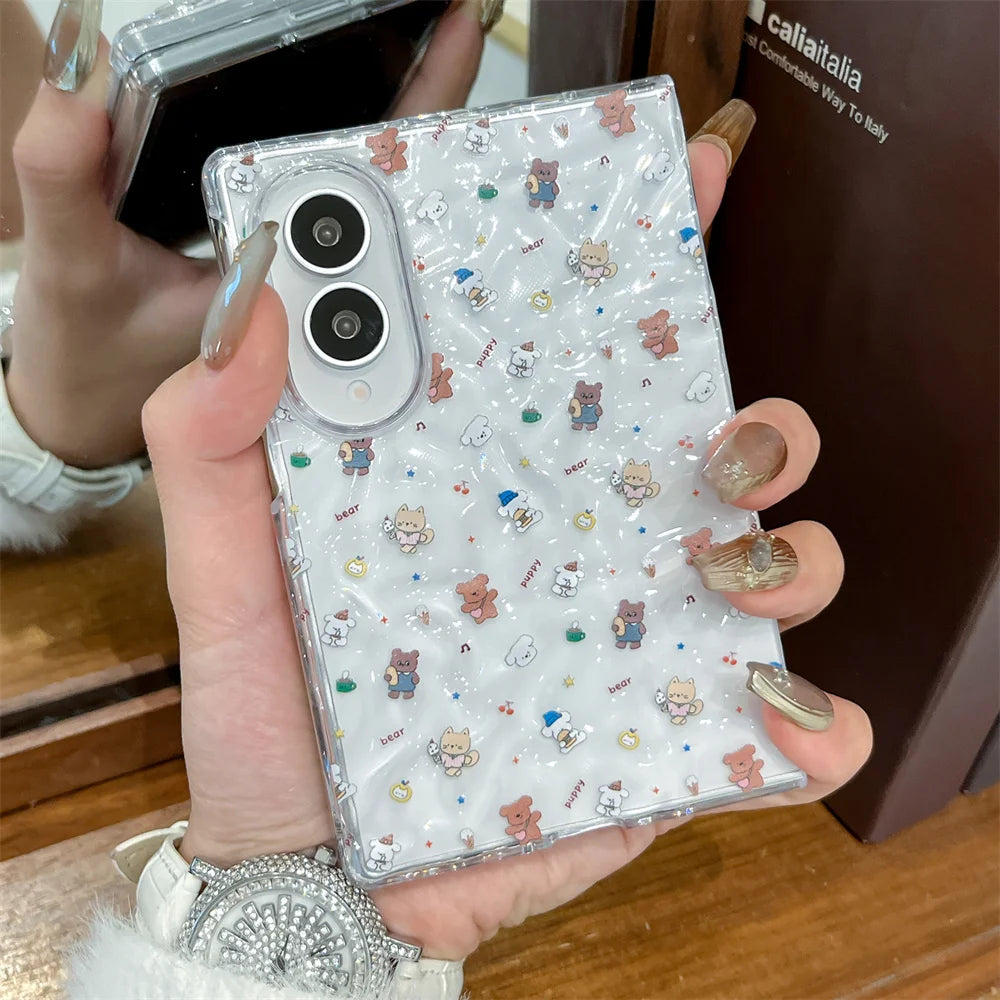 Cute Cartoon Animal Bear Clear Phone case for Samsung Galaxy Z Fold 8Ultra Fold 6 7 8 fold 7 6 Cover with Chain Korean Case