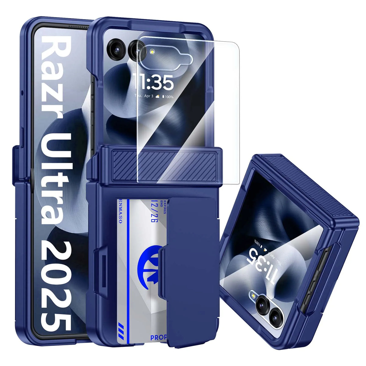 With Card Clip,Hinge Protection,RFID Shielding and Screen Protector,Christmas Gift,for Moto Razr 60 2025/50 2024 Case-Blue