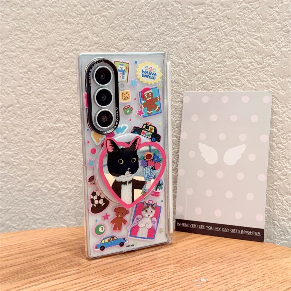 Funny Cartoon Black Cat Magnetic Phone Case for Samsung Galaxy Z Fold 8 7 Fold 7 8 Fold 8 Ultra Cover With Magsafe Stand Chain