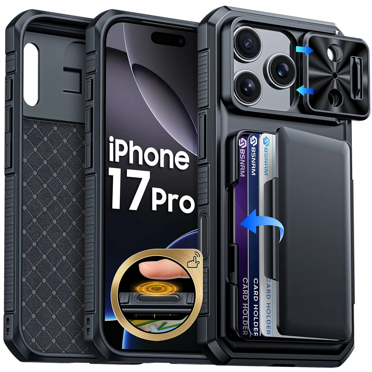 Halloween Gifts With Card Holder Sliding Camera Cover And Stand For iPhone 17 Pro Case,Anti-Fall PC+TPU Wallet Case-Black