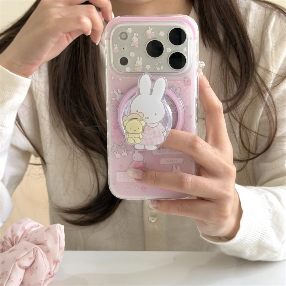 Kawaii Miffy Rabbit Magnetic Phone Case for iPhone 16 Pro 17 15 14 13 17 Pro Max Cover With Magsafe Rotate Stand Shockproof Case