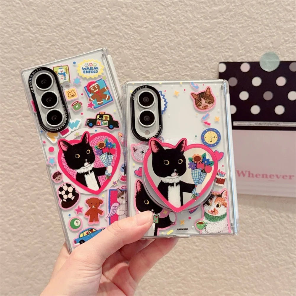 Funny Cartoon Black Cat Magnetic Phone Case for Samsung Galaxy Z Fold 8 7 Fold 7 8 Fold 8 Ultra Cover With Magsafe Stand Chain