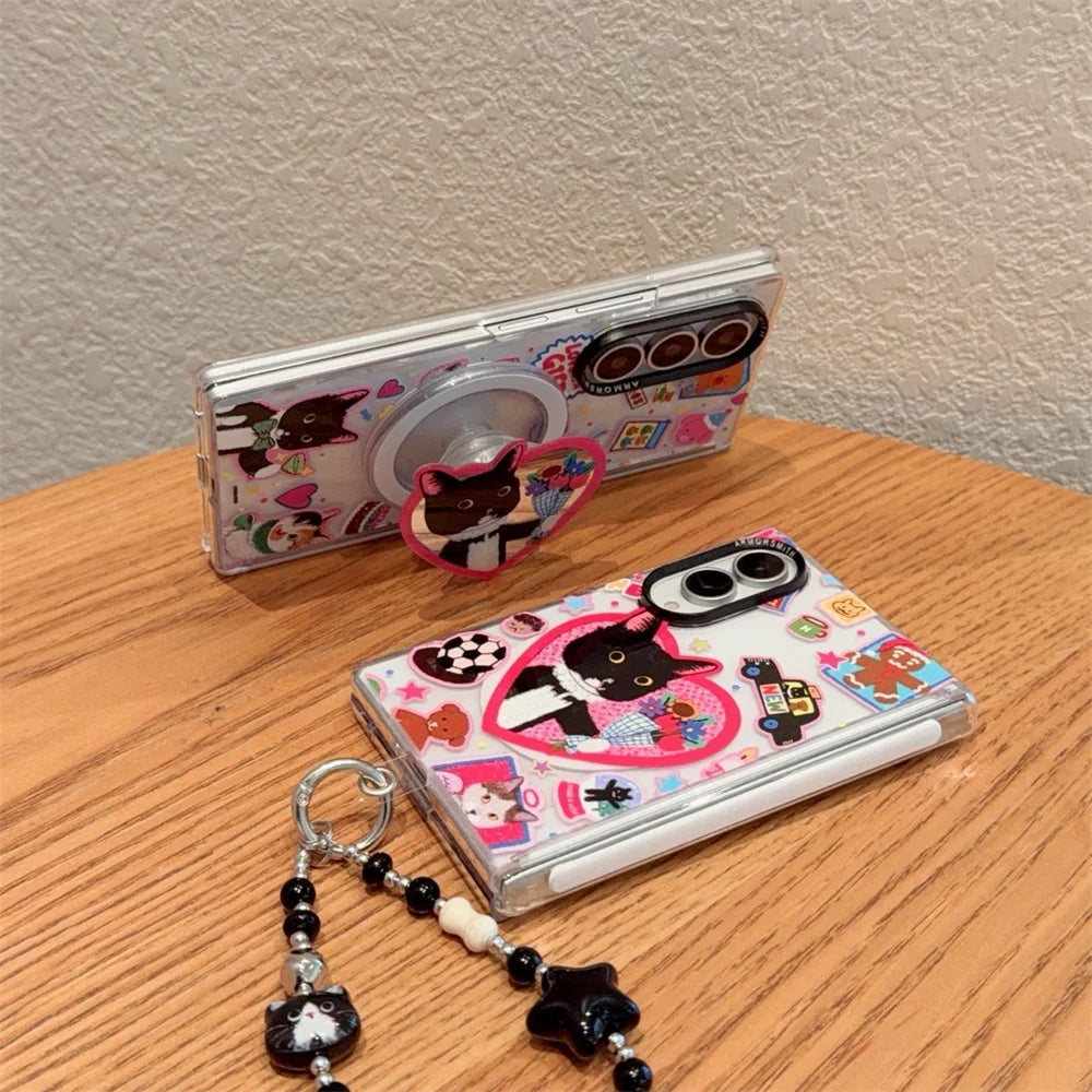 Funny Cartoon Black Cat Magnetic Phone Case for Samsung Galaxy Z Fold 8 7 Fold 7 8 Fold 8 Ultra Cover With Magsafe Stand Chain