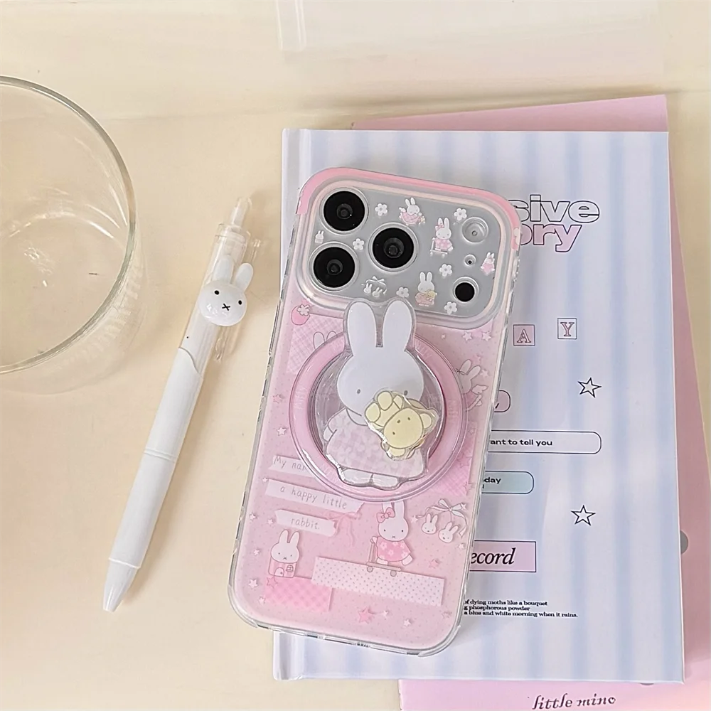 Kawaii Miffy Rabbit Magnetic Phone Case for iPhone 16 Pro 17 15 14 13 17 Pro Max Cover With Magsafe Rotate Stand Shockproof Case