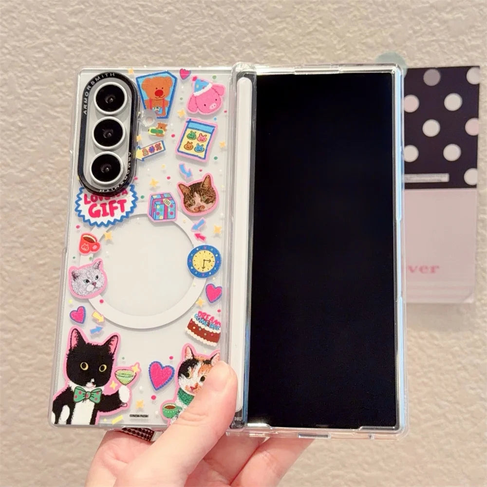 Funny Cartoon Black Cat Magnetic Phone Case for Samsung Galaxy Z Fold 8 7 Fold 7 8 Fold 8 Ultra Cover With Magsafe Stand Chain