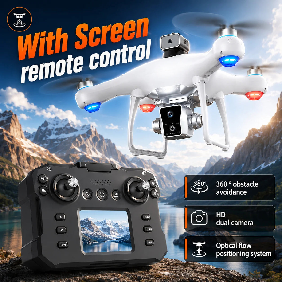 ZNLYRION Brushless Drone KY102 With Screen Remote 360 Obstacle Avoidance HD Dual Camera Optical Flow Hover Color LED Light RC Aerial Quadcopter