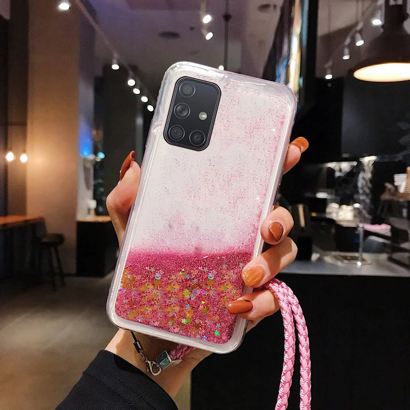 Lanyard Glitter Liquid Floating Qicksand Silicone Case For Samsung Galaxy S20 Ultra S10 Lite S10E S9 S8 Plus S7 Edge TPU Cover
