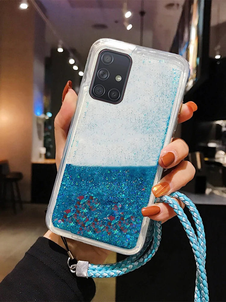 Lanyard Glitter Liquid Floating Qicksand Silicone Case For Samsung Galaxy S20 Ultra S10 Lite S10E S9 S8 Plus S7 Edge TPU Cover