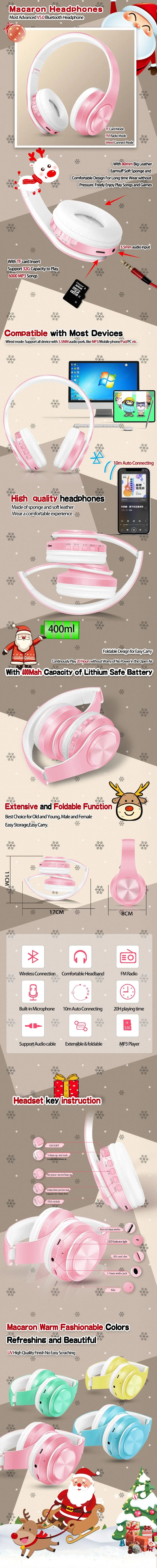 Brand New Fashionable Macaron Bluetooth Headphone Music Audio Earphone Stereo Foldable Handsfree Headset TF Card With Microphone
