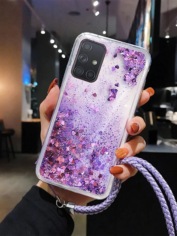 Lanyard Glitter Liquid Floating Qicksand Silicone Case For Samsung Galaxy S20 Ultra S10 Lite S10E S9 S8 Plus S7 Edge TPU Cover