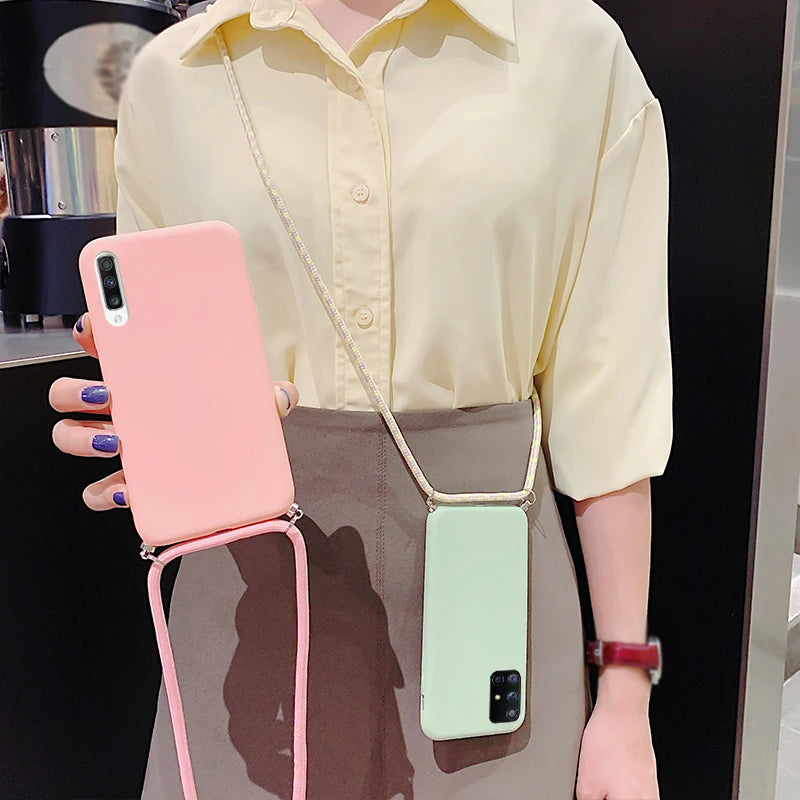 Neck Strap Liquid Silicone Case For Samsung Galaxy A56 A54 A57 S23 Plus A53 5G A55 S21 FE S22 S24 S26 S25 Ultra Lanyard Case