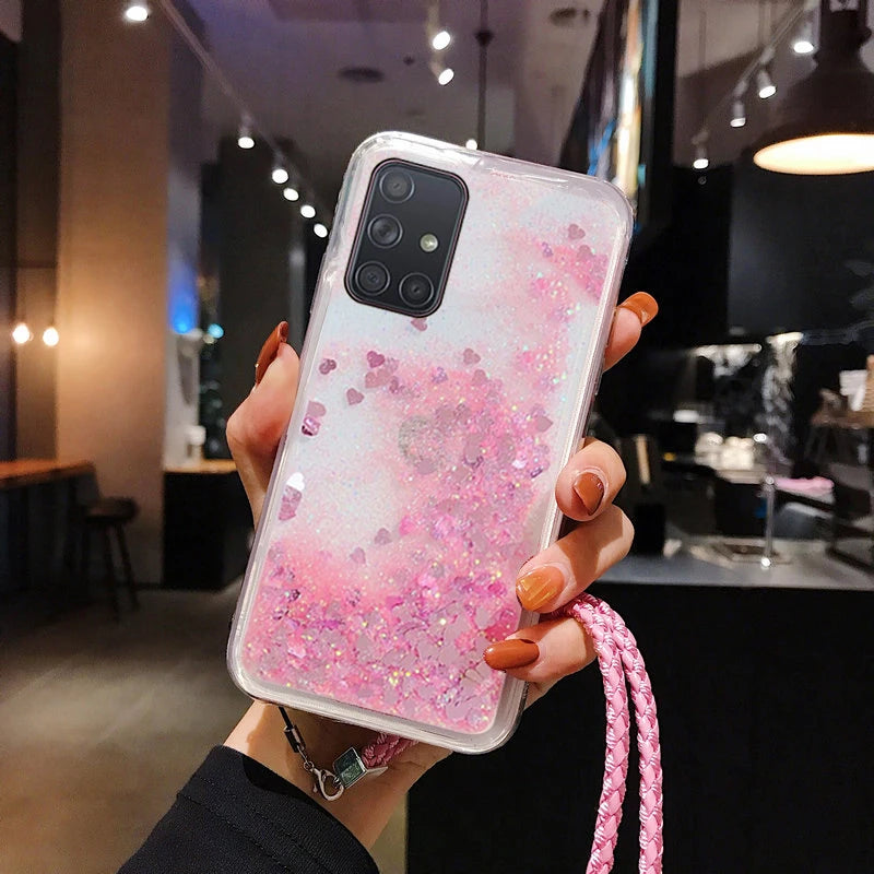 Lanyard Glitter Liquid Floating Qicksand Silicone Case For Samsung Galaxy S20 Ultra S10 Lite S10E S9 S8 Plus S7 Edge TPU Cover
