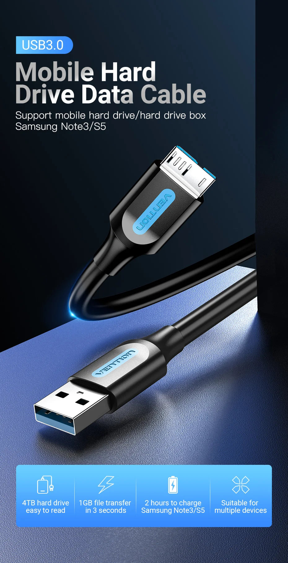 Vention Micro B Cable USB 3.0 2A to USB A Cable Data Transfer Fast Charger Cord for Hard Drive Samsung Micro B USB 3.0 Cable