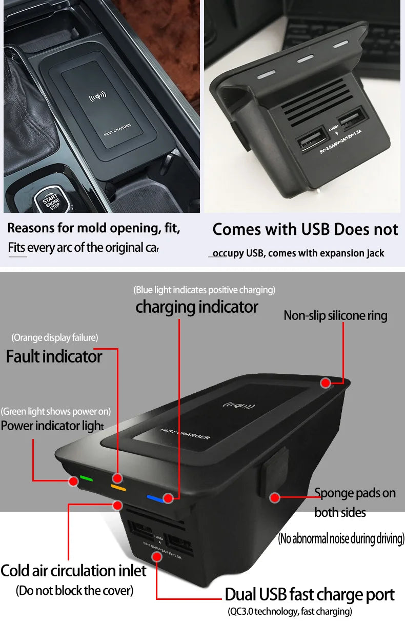 Car Wireless Charger for Volvo XC90 NEW XC60 S90 V90 18-2024 Special Mobile Phone Charging Plate Car Accessories V60 2020 S60