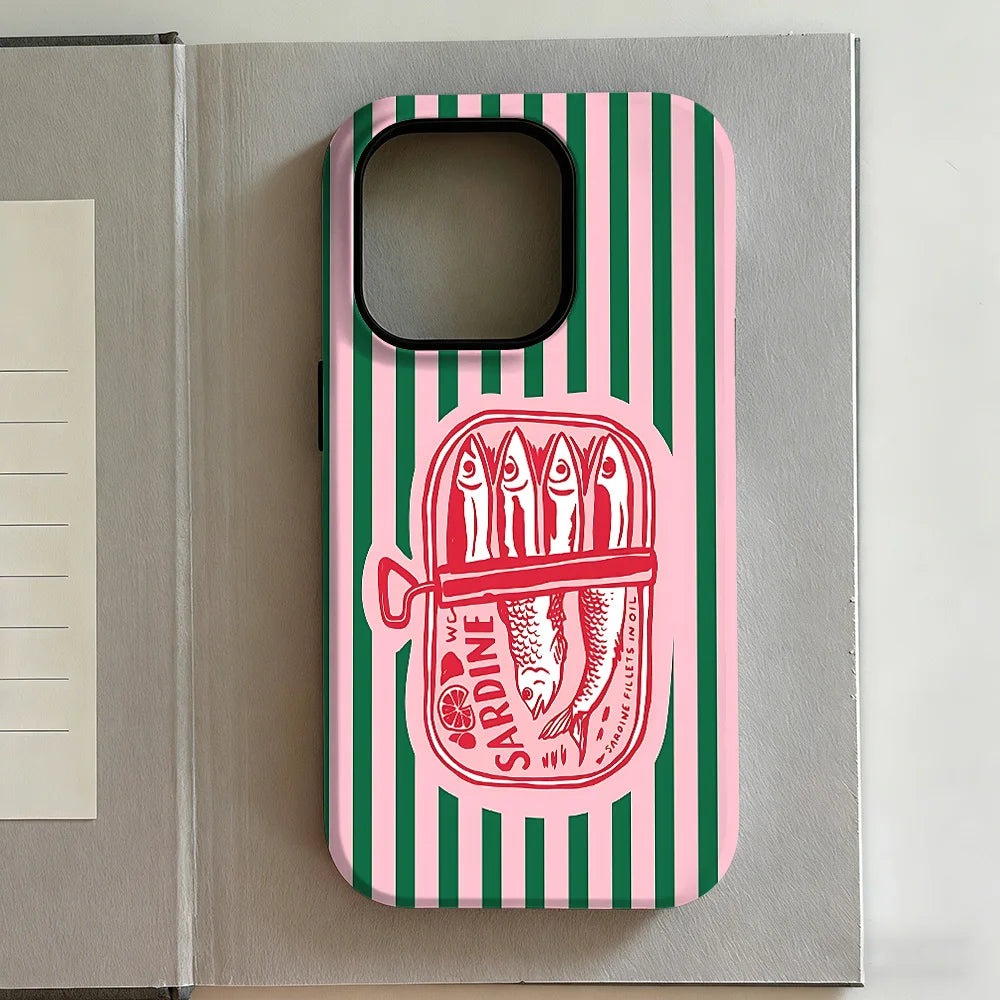 Striped Canned Fish Phone Case for iPhone 17 16e 16 15 14 13 12 11 X XS XR XSMAX 7 8 Air Pro Max Plus Luxury Double-layer
