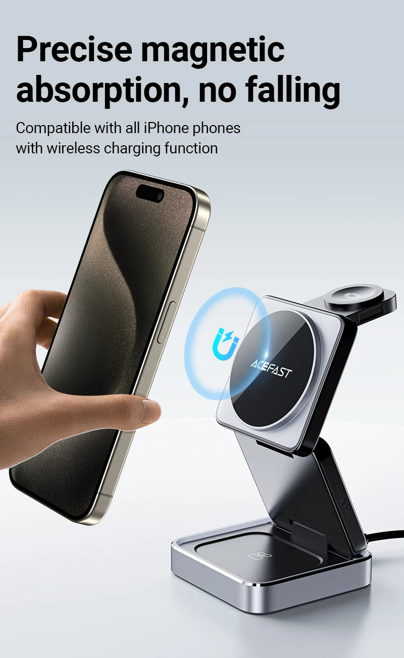 ACEFAST Aluminum Alloy 15W Wireless Magnetic Wireless Charging Holder For iPhone 16/15/14 Foldable 3 in 1 Charging Dock Station