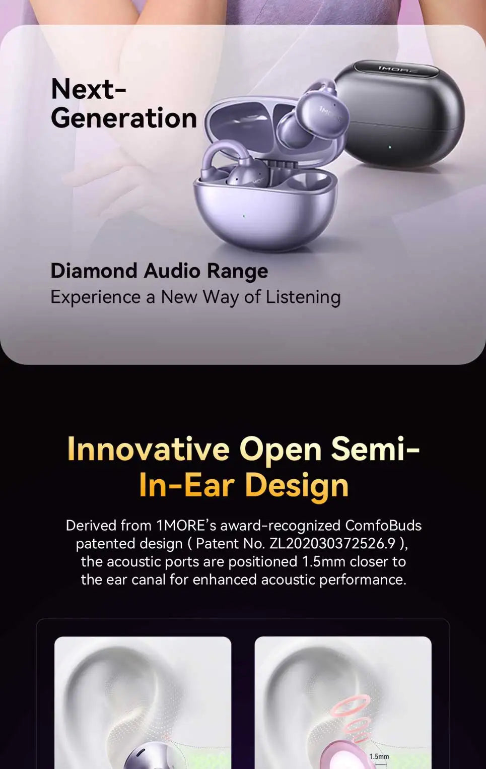 1More Open Ear Bluetooth Earbuds Wireless Ear Clip S21 Bluetooth 6.0 LDAC Wireless Hi-Res Audio Earphones IPX5 26H Battery Life