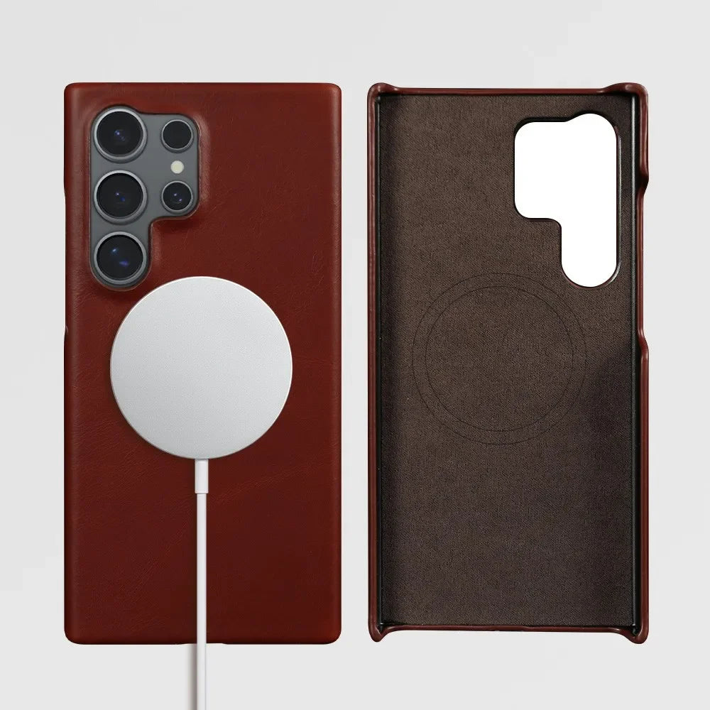 For Samsung S26 Ultra Case Magnetic Magsafe Oil Wax Genuine Leather Phone Cases For Galaxy S25 S24 S23 S22 Cover Wireless Charge