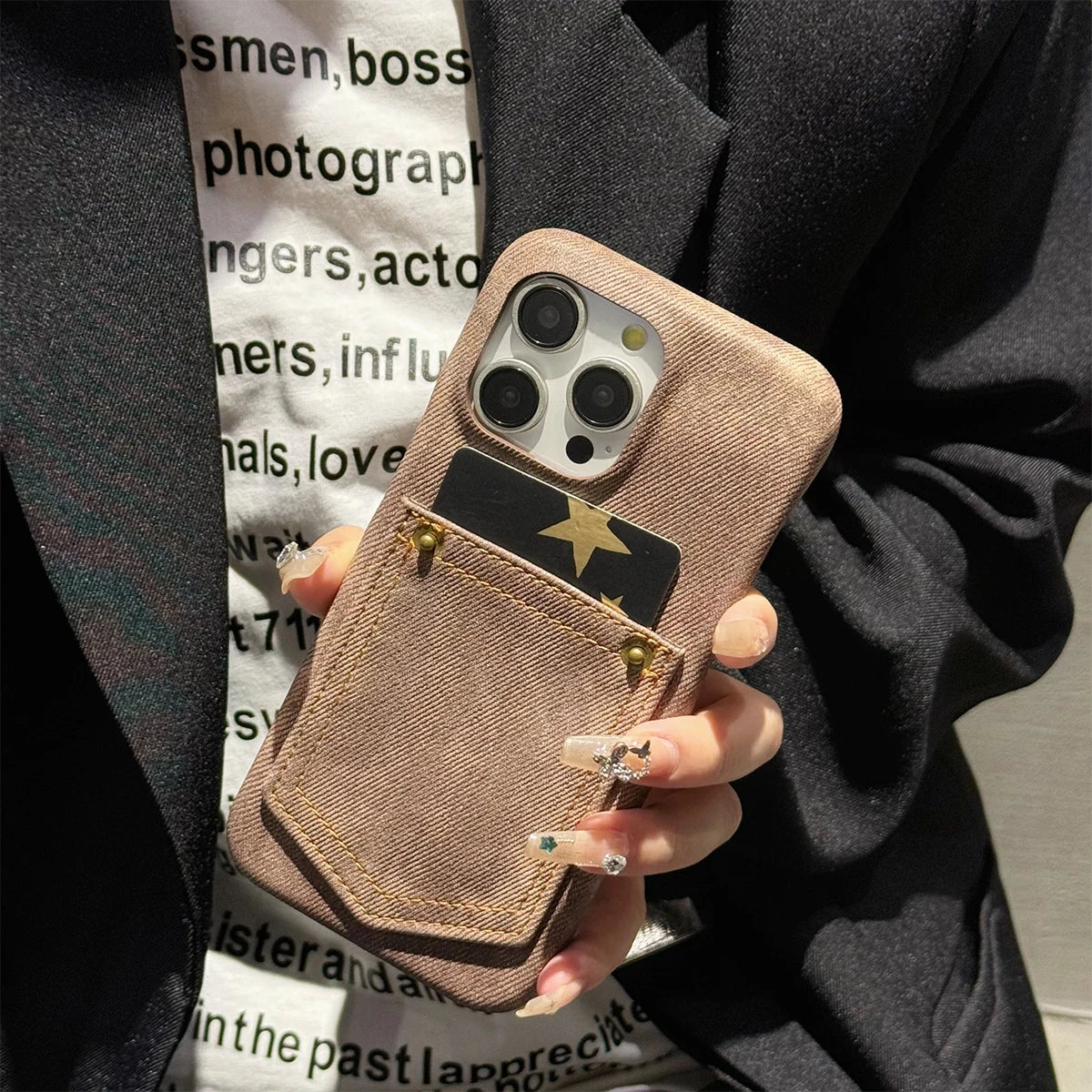 Luxury Denim Leather Card Bag Case For iPhone 15 14 13 12 11 Pro Max