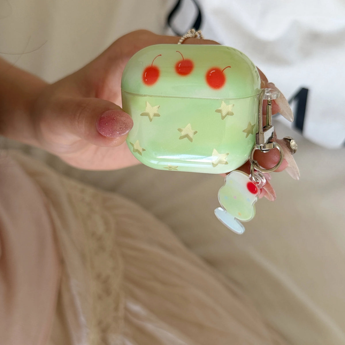 Cute Green Cherry Star Print Earphone Case For AirPods 5 4 3 2 1 Pro3 Pro2 Protective Cover With Milkshake Cup Pendant Keychain