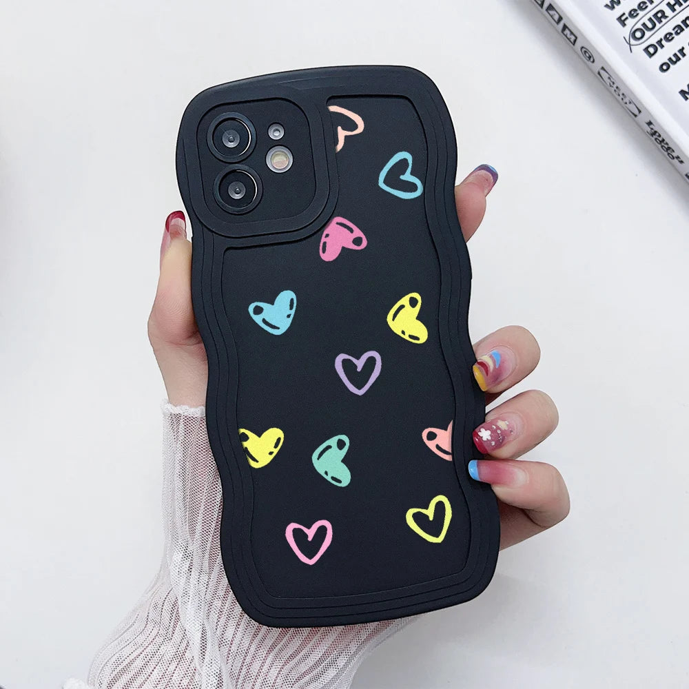 Silicone Phone Case For iPhone 11 6s 16 Plus 13 15 14 Pro Max 12 XR Wave Shockproof Soft Love Heart Cover Funda