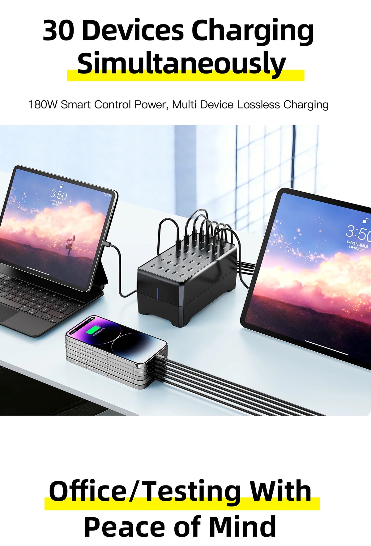 100W 30-Port Type-C Multi-Device Desktop Charger: Rapid & Efficient Charging Hub for Phones and Tablets