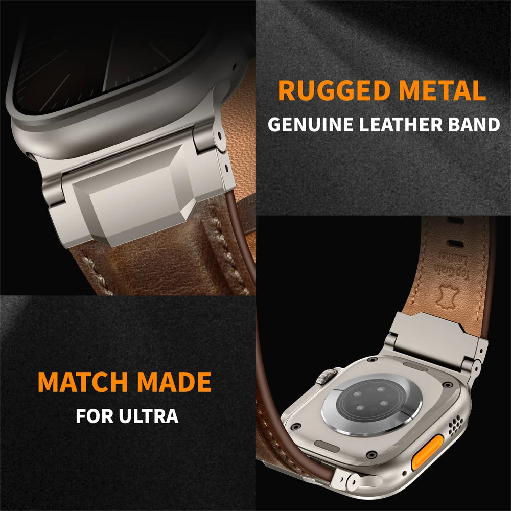 Genuine Leather bands For Apple watch ultra 3 2 49mm 44mm 45mm 46mm NEW Mecha Design bracelet iWatch series 11 10 9 8 7 6 5 SE